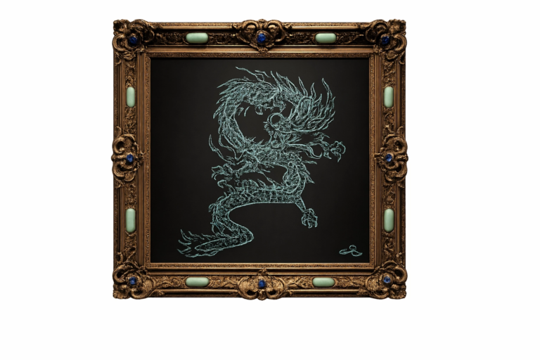 Dragon vert — fond blanc — œuvre de Cyril Lombard — 40 × 40 cm