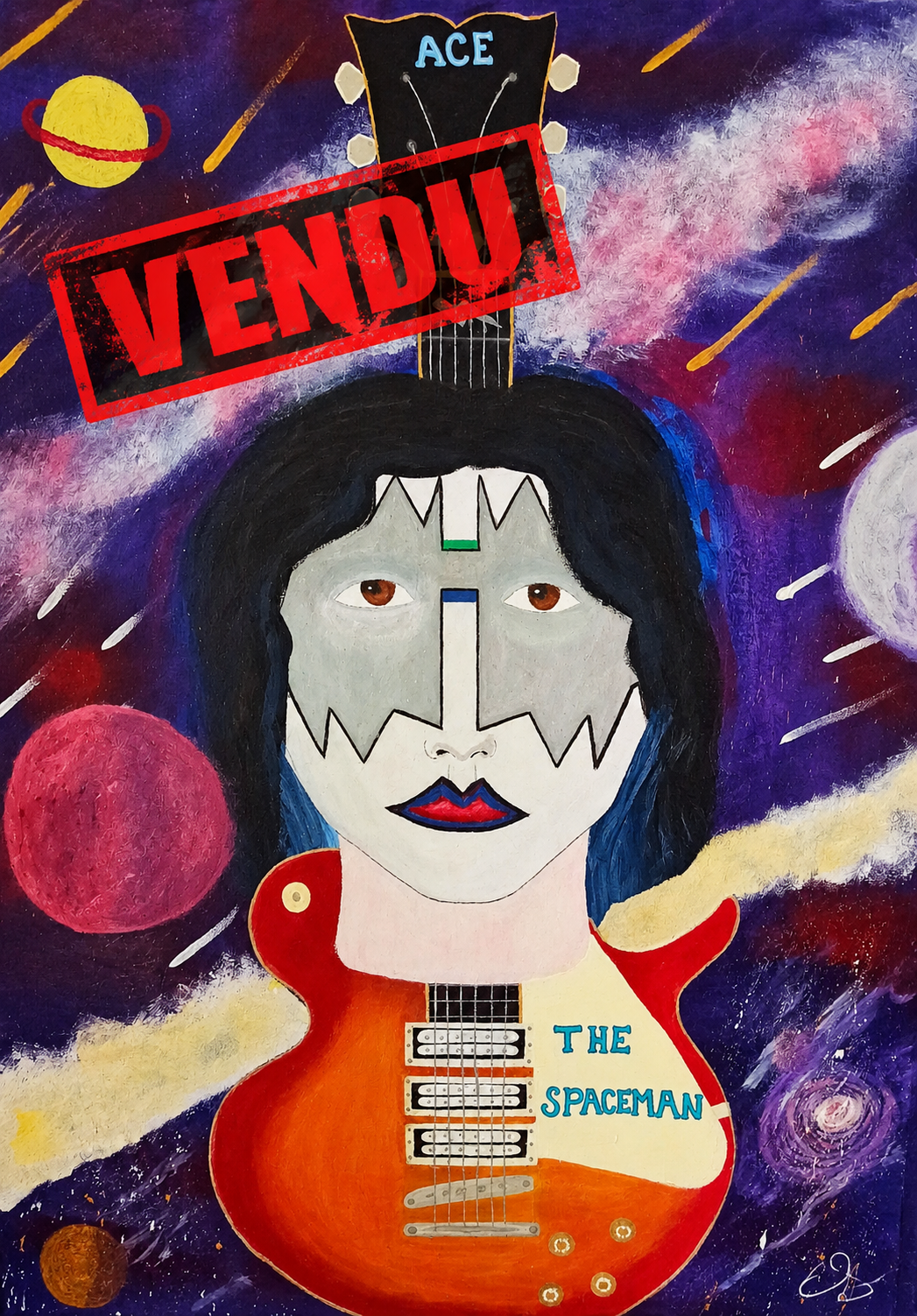 Ace the Spaceman, peinture originale de Cyril Lombard avec tampon VENDU, hommage à Ace Frehley de KISS, 75 × 55 cm